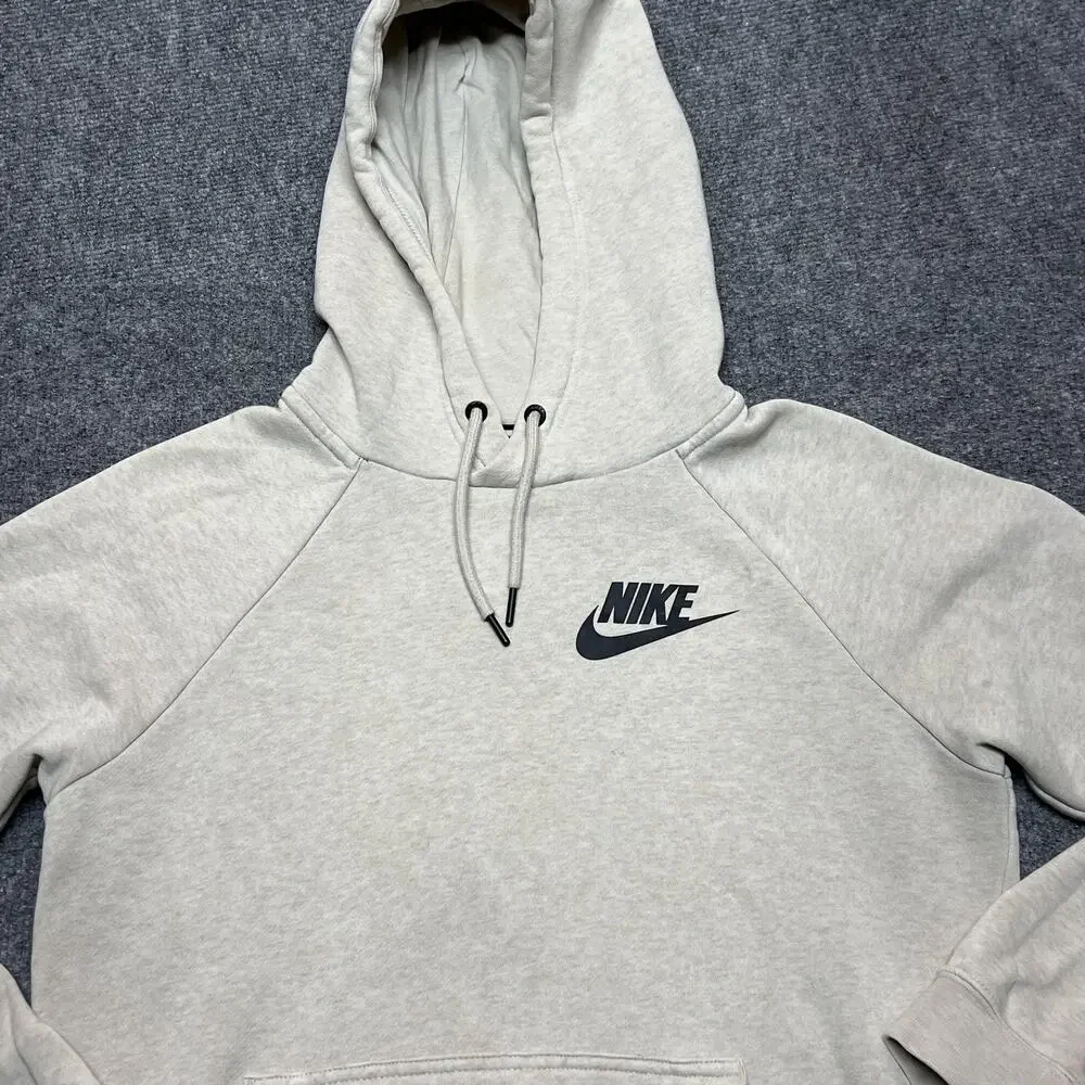 Nike Hoodie Kids XS Beige Fleece Pullover Kangaroo Pocket Swoosh Logo Sweatshirt
